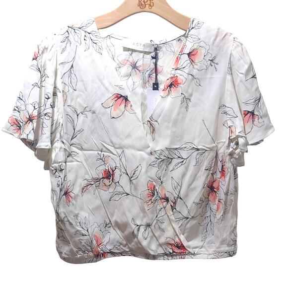 Astr Tops - ASTR the Label Flutter Sleeve Crossover Top White Watercolor Floral Women's L